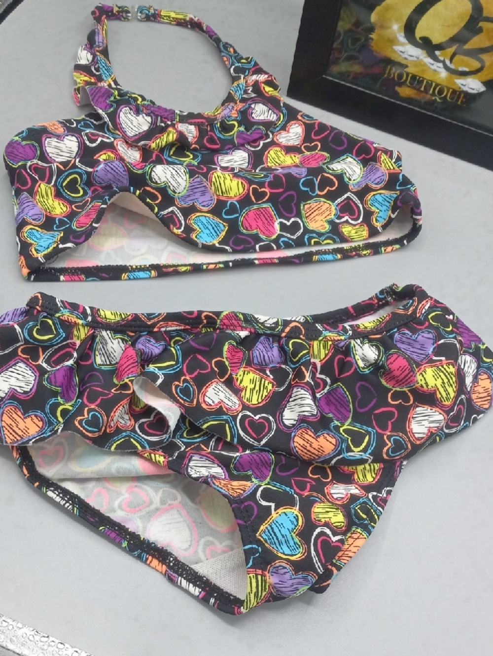 Joe Boxer Black Girls Two-Piece Heart Print Bikini Set